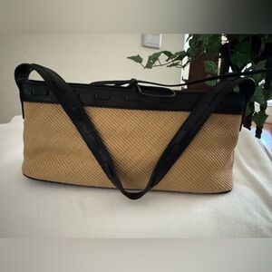 Cole Haan Vintage Raffia Baguette Underarm Bag with Black Leather Trim